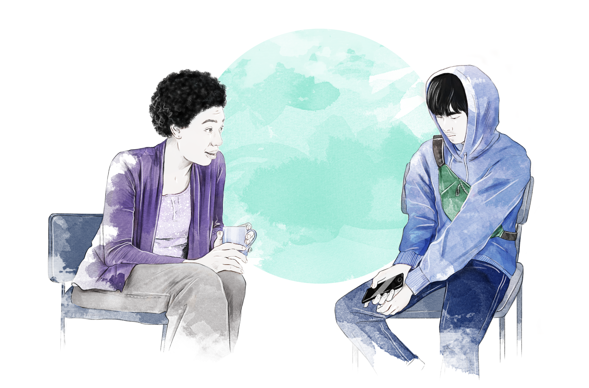 Illustrasjon av mangfoldsrådgiver i samtale med en ungdom