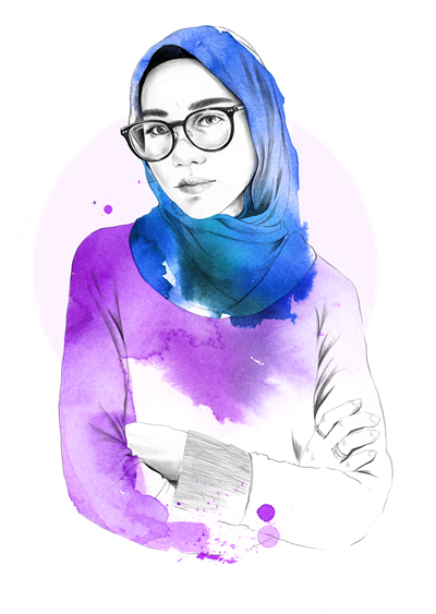 Jente med blå hijab og briller
