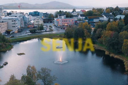 Et flyfoto av en by med en innsjø i forgrunnen.