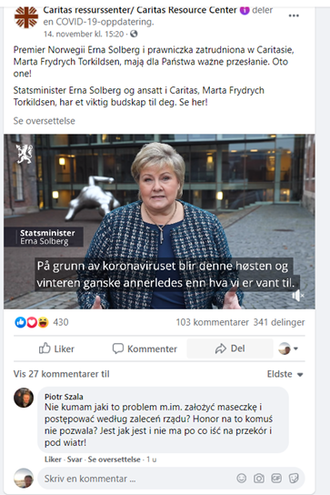 Statsminister Erna Solberg informerer om korona og smittevern. Her oversatt til polsk.