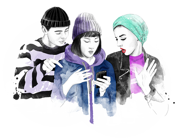 En gutt og to jenter ser på en mobiltelefon 